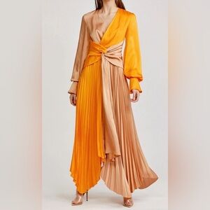 Acler empire dress size mustard orange and nude two tone assymetrical pleated 6